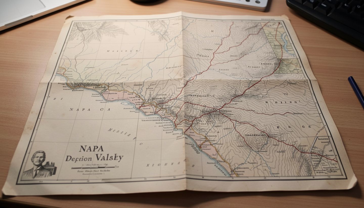 Historic map of Napa Valley showing early place names, contour lines, and river paths, highlighting the valley’s geography and land history.