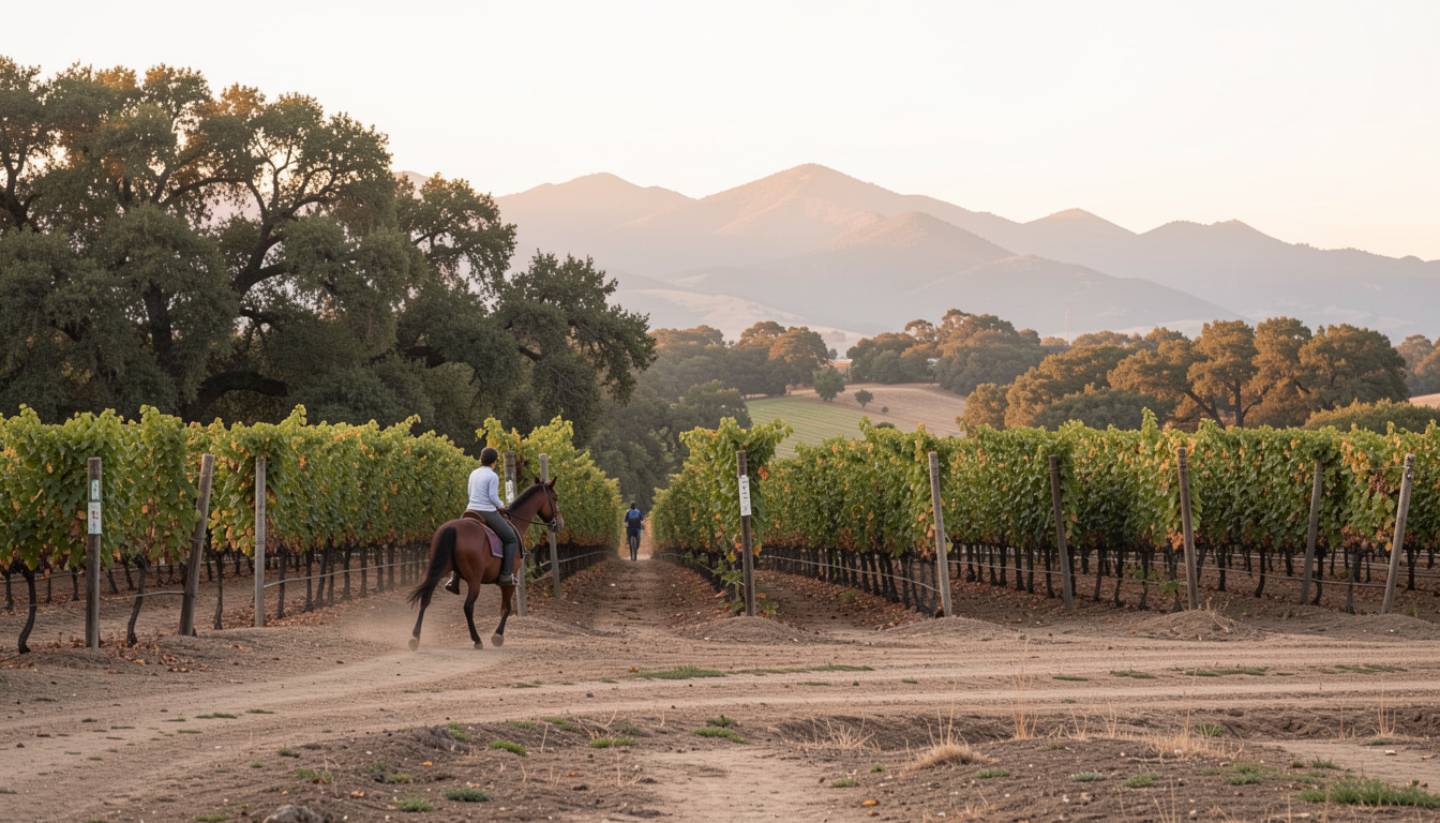 A rider on horseback traveling along a dirt trail in Napa Valley with vineyard rows and the Mayacamas hills in soft golden light, showing a quiet scenic riding experience