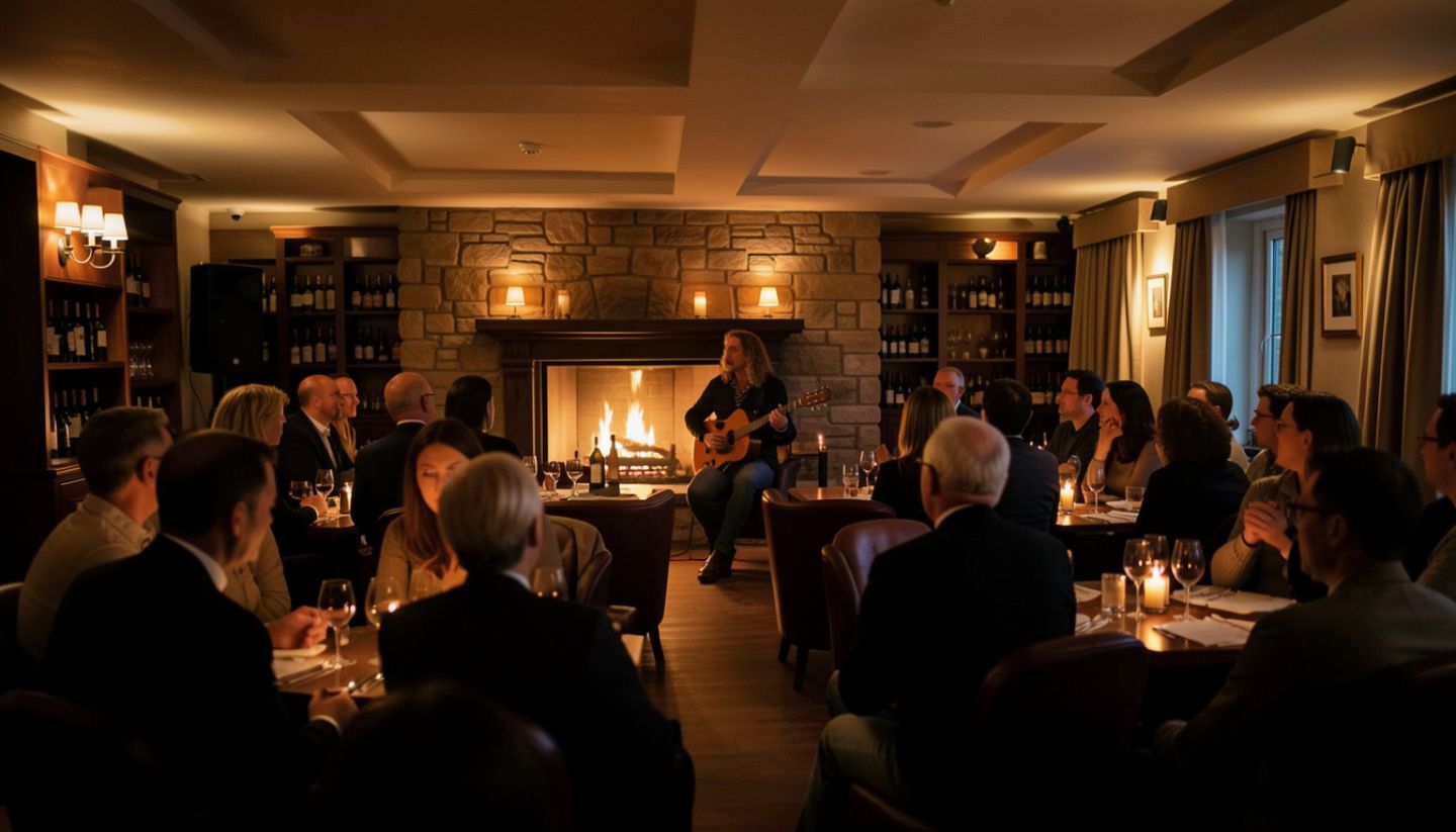 Live acoustic music performance in a Napa Valley hotel lounge, showing an intimate indoor wine country music experience.