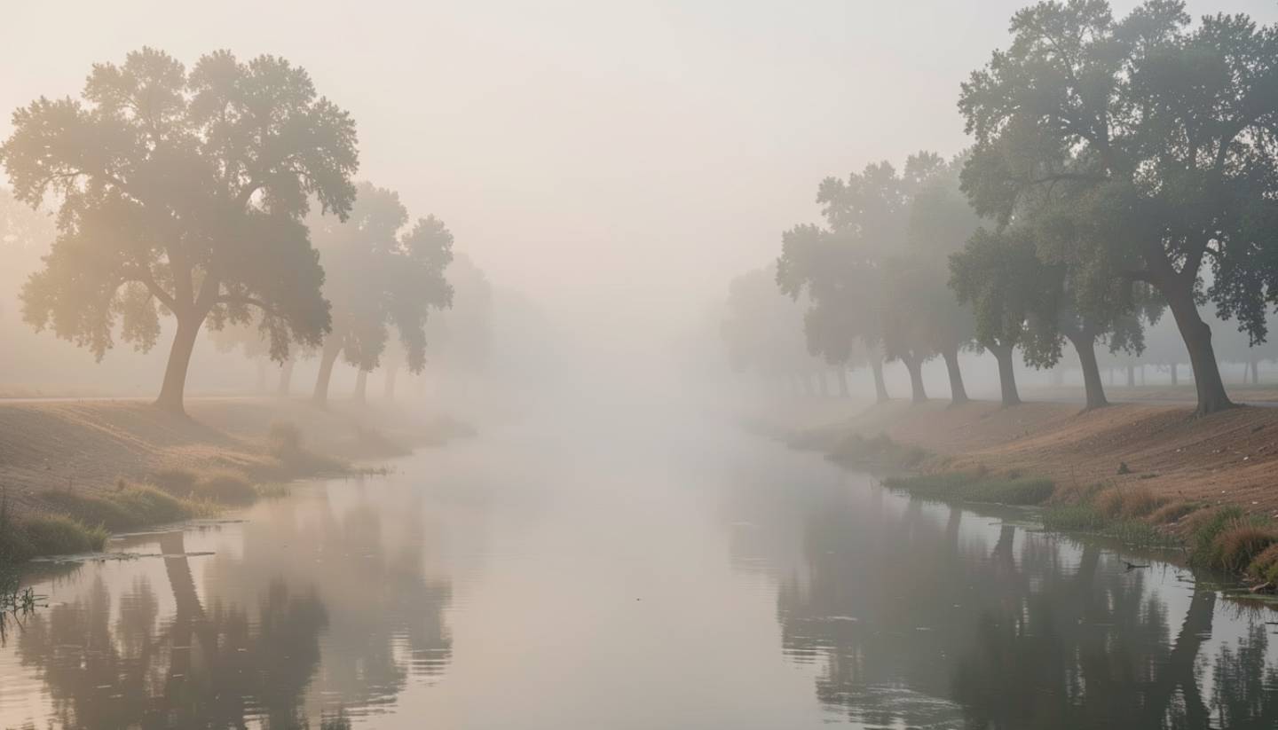 Early morning fog drifting along the Napa River in Napa Valley, highlighting oak trees and natural riverbanks that reflect the land as it existed during Indigenous Wappo and Patwin stewardship.