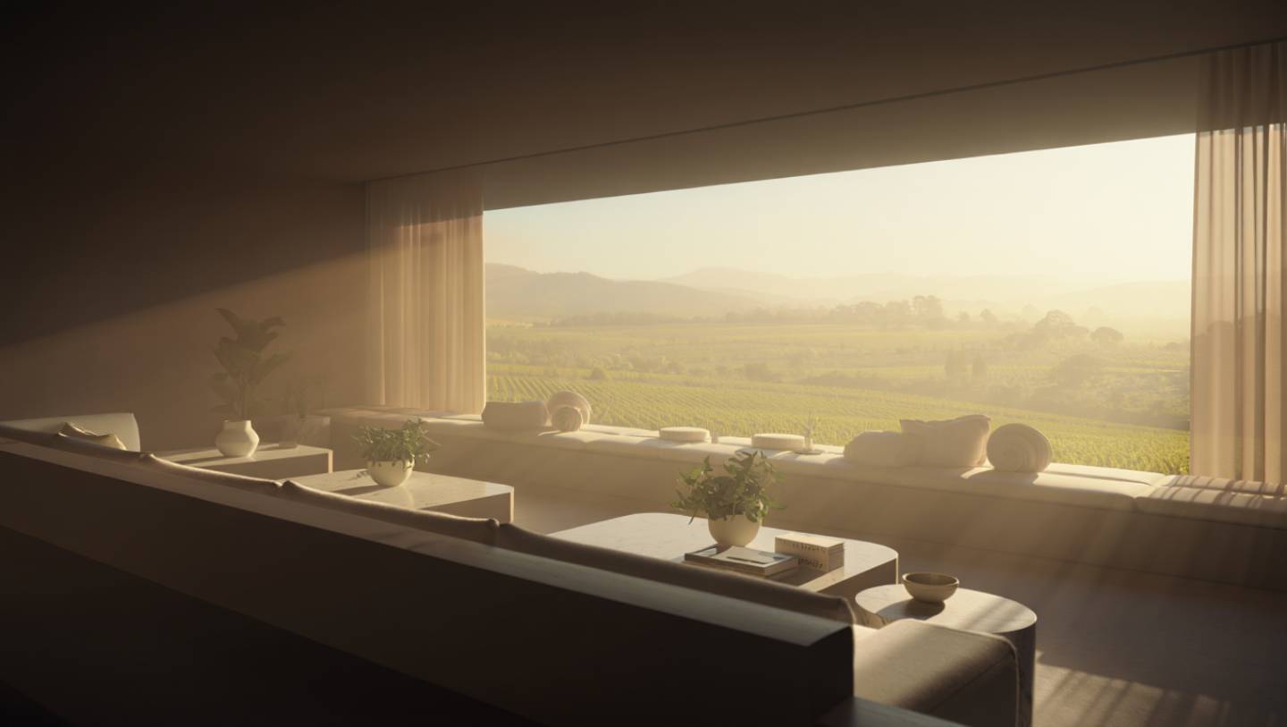 A cinematic, high-end lounge interior featuring a wide panoramic window that overlooks sun-drenched vineyards and rolling hills at golden hour.