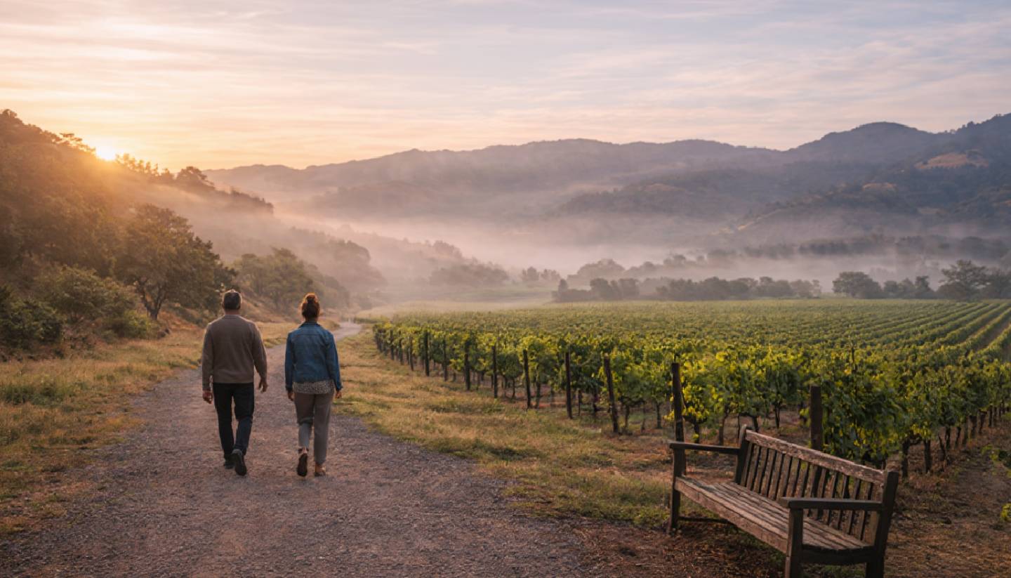 Morning light over Napa Valley vineyards with people walking along a quiet path, showing a relaxed wine country experience without a focus on drinking.