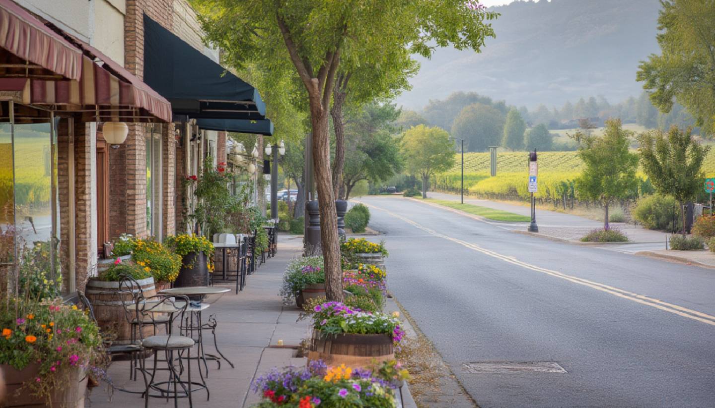 Quiet midweek morning in Napa Valley with empty streets and soft light, showing a relaxed atmosphere ideal for exploring without reservations.