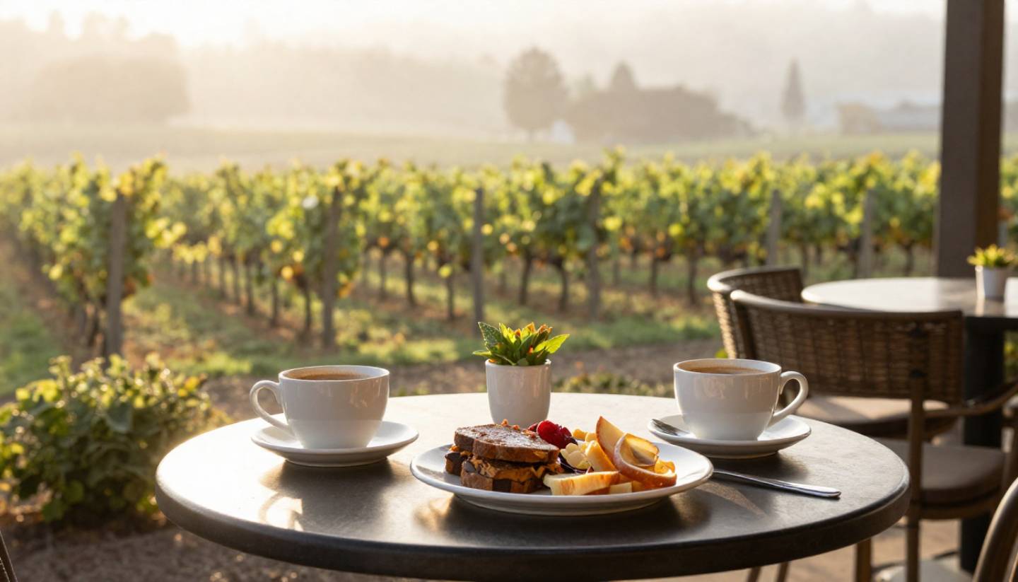 Outdoor late-morning brunch table in Napa Valley with coffee, shared plates, and vineyard rows in soft foggy sunlight, conveying a slow and relaxed wine country morning.