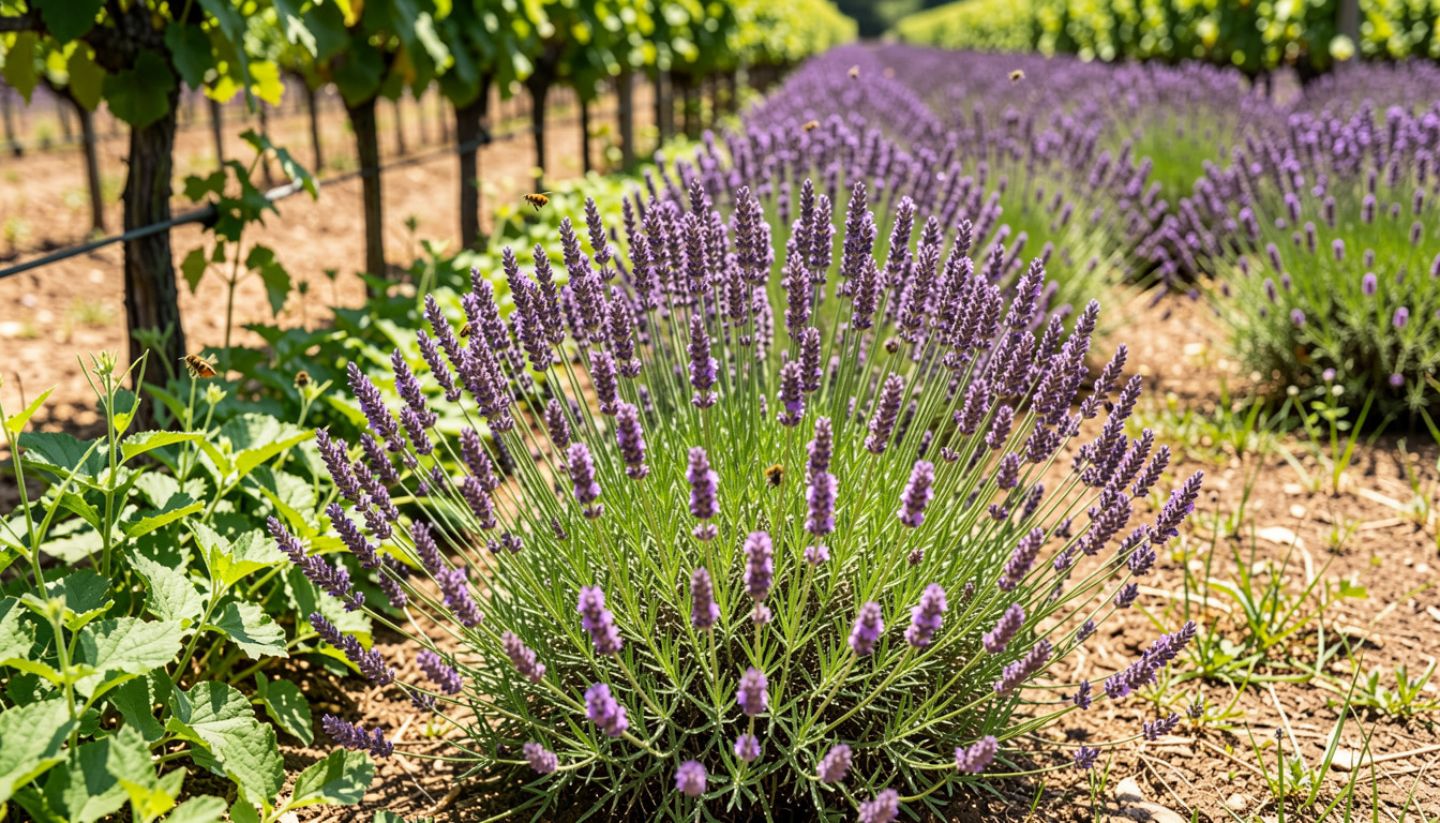 Lavender and flowering cover crops growing beside Napa Valley vineyards in summer, supporting pollinators and soil health.