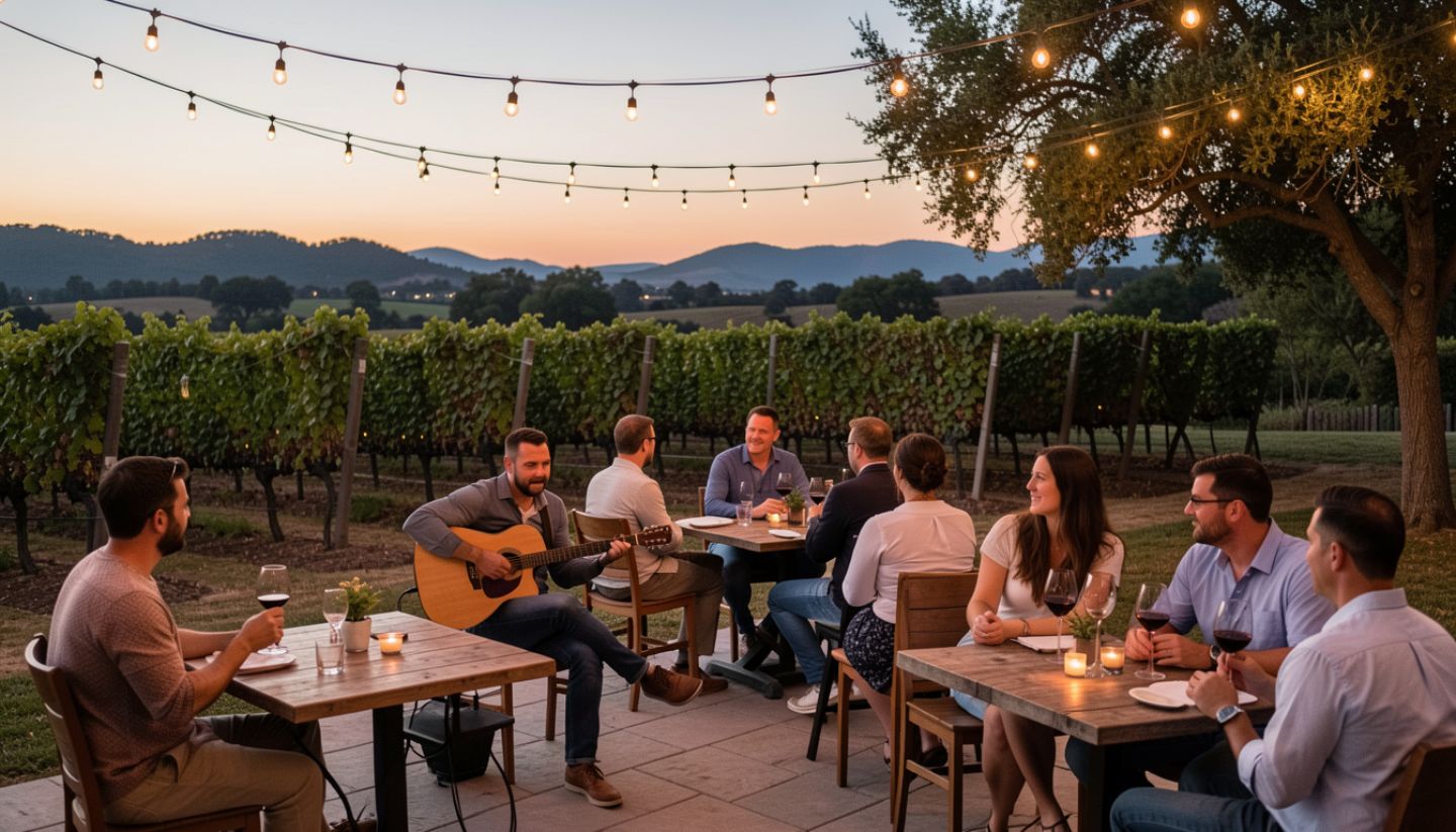 Acoustic guitarist performing on a winery patio in Napa Valley at dusk, creating a relaxed live music atmosphere with wine and conversation.