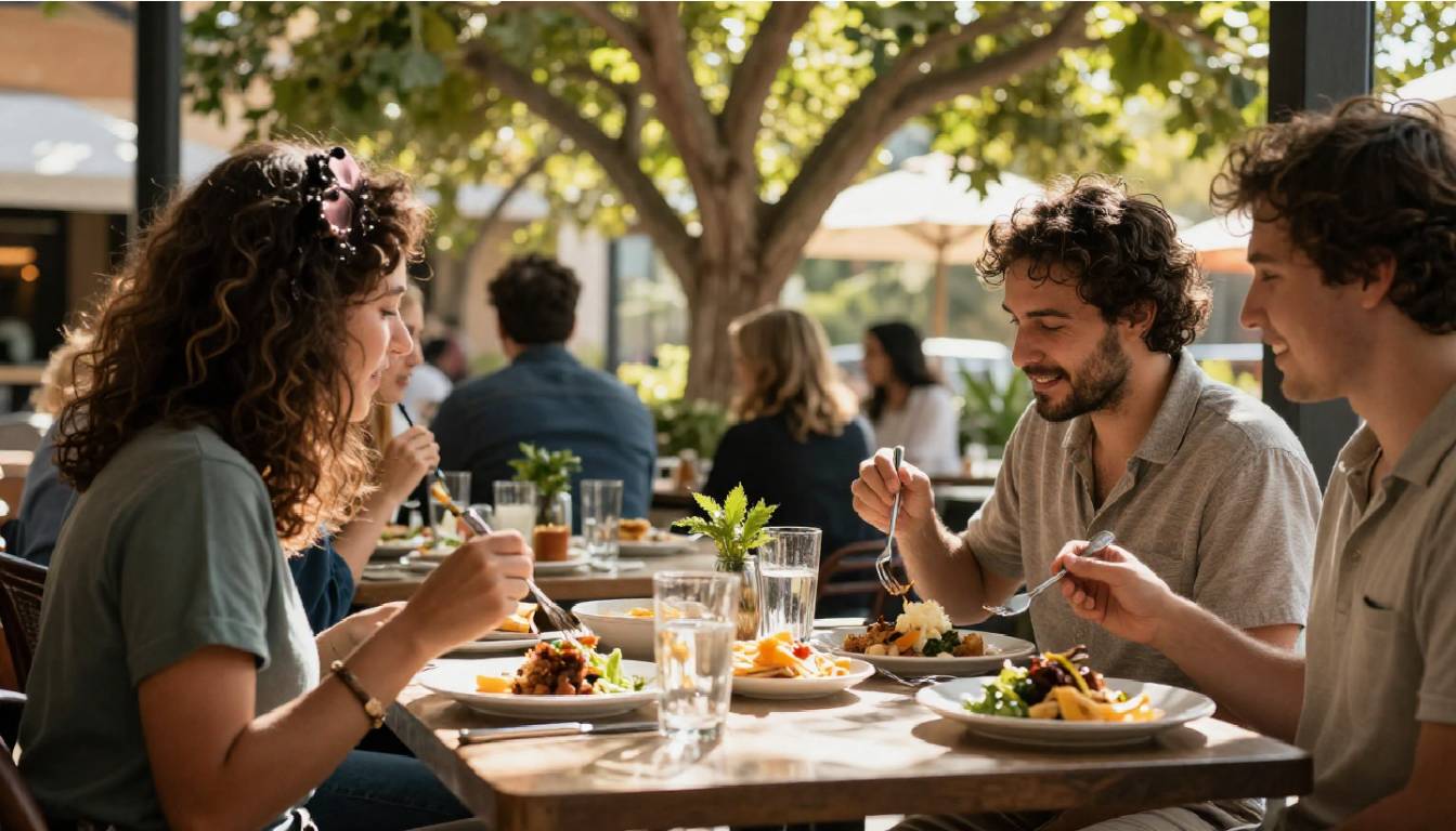 Outdoor long lunch at a Napa Valley restaurant following a winery visit, showing shared food, relaxed conversation, and unhurried pacing.