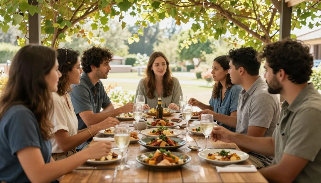 Outdoor patio lunch in Napa Valley with shared dishes and natural light, reflecting the slow-paced dining culture central to a three-day Napa Valley visit.
