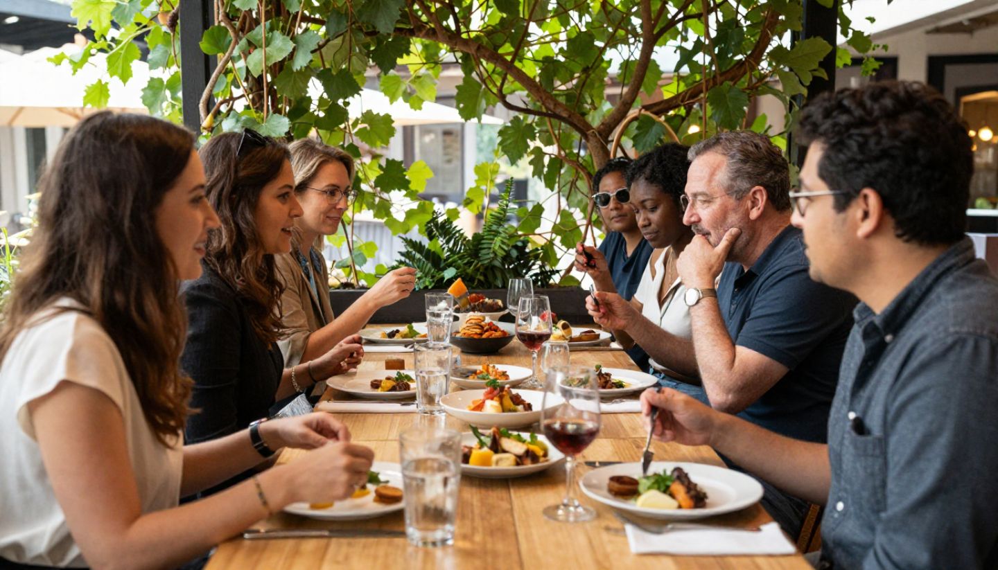 Outdoor patio lunch in Napa Valley with shared dishes and natural light, reflecting the slow-paced dining culture central to a two-day Napa itinerary.