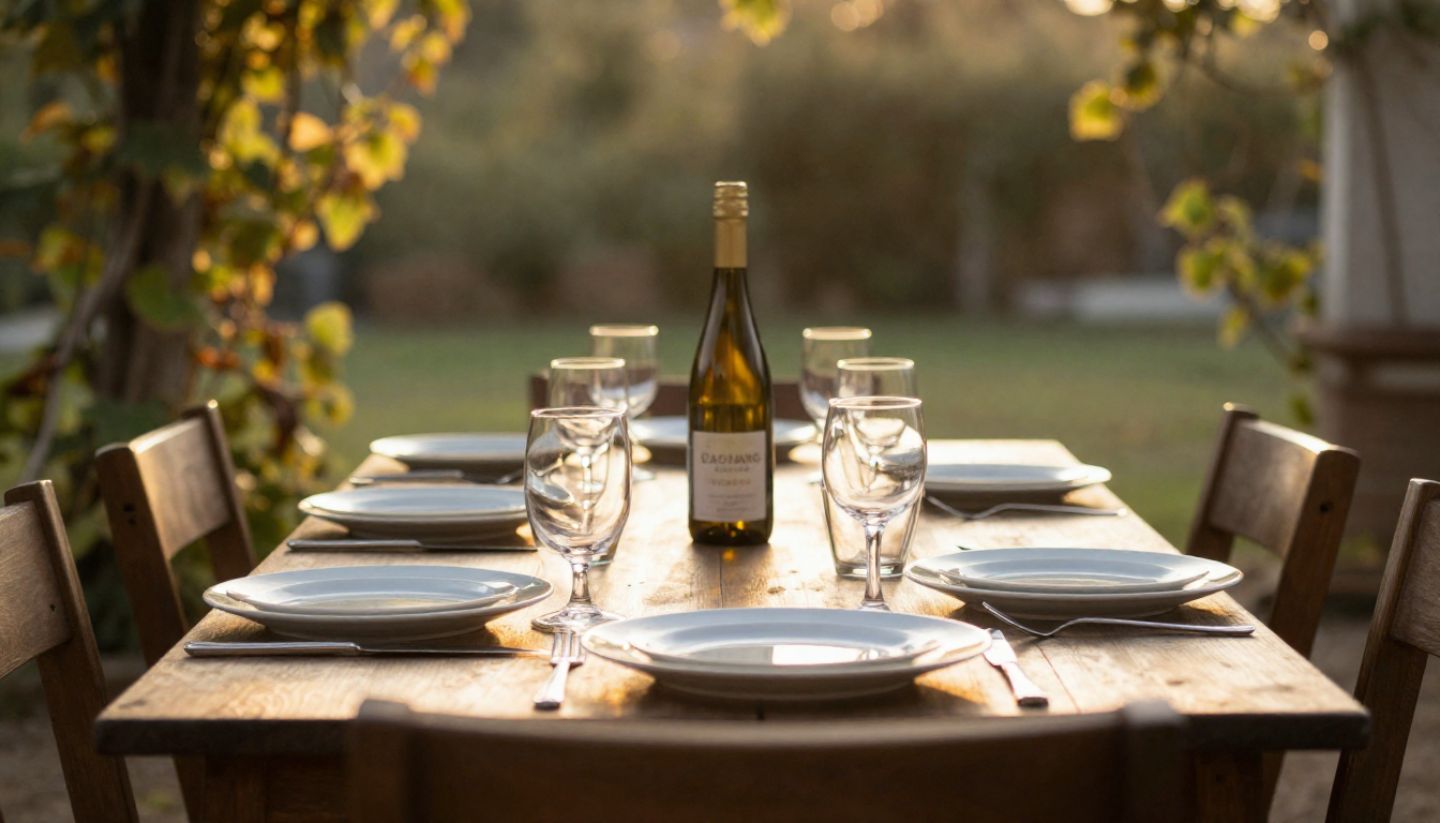Outdoor long lunch in Napa Valley with vineyard scenery, showing food, connection, and unhurried travel experiences in wine country.