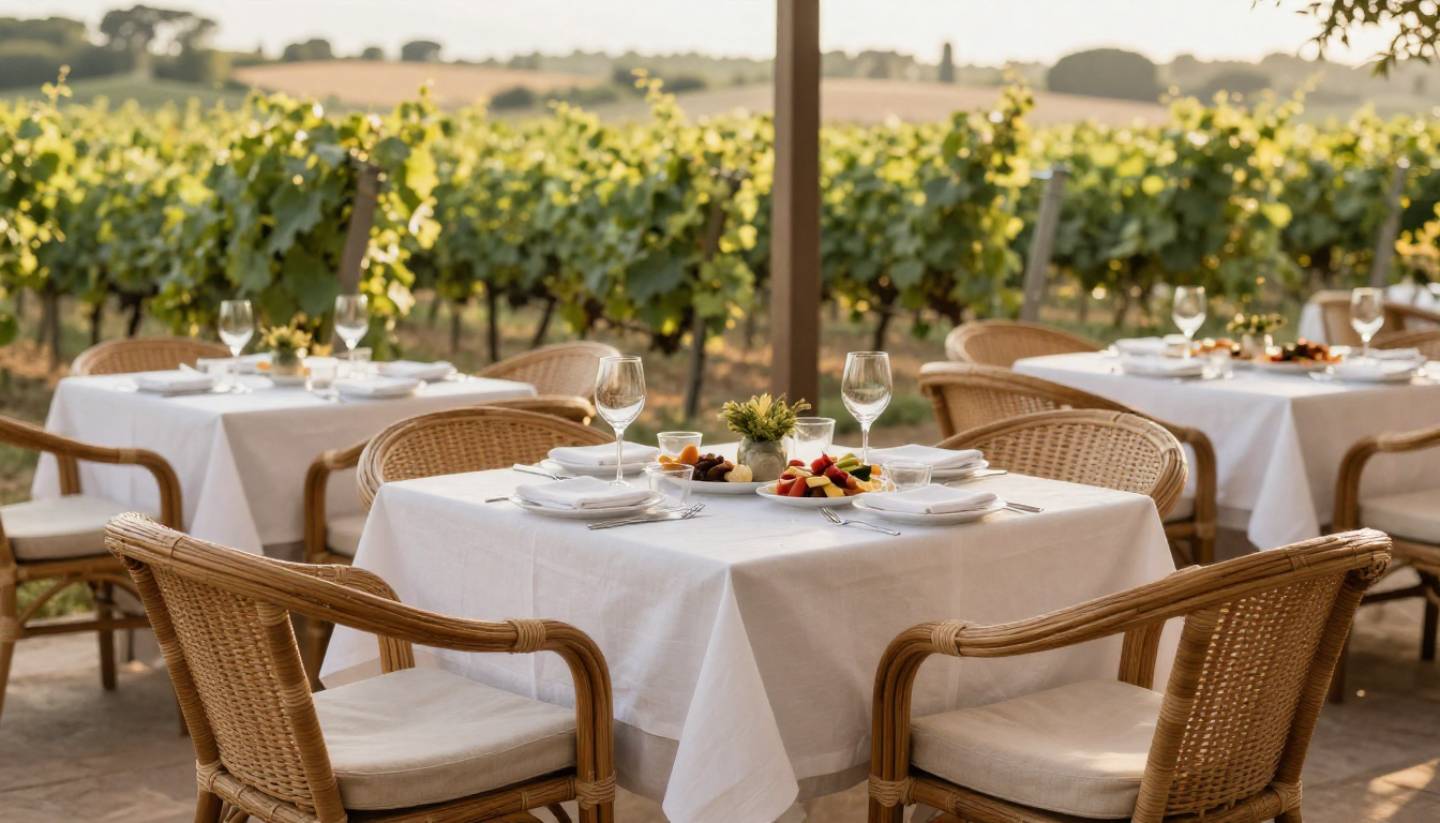 Family enjoying a long lunch on a vineyard terrace in Napa Valley with shared dishes and relaxed seating, emphasizing comfort and conversation.