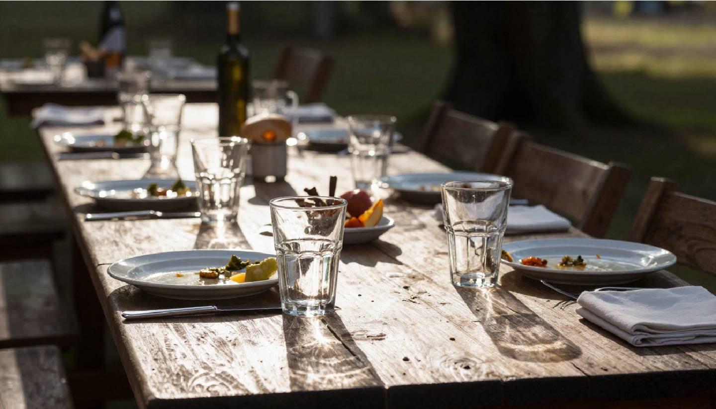 Outdoor long table lunch in Napa Valley with shared plates and guests lingering, representing a memory focused travel experience centered on food and connection.