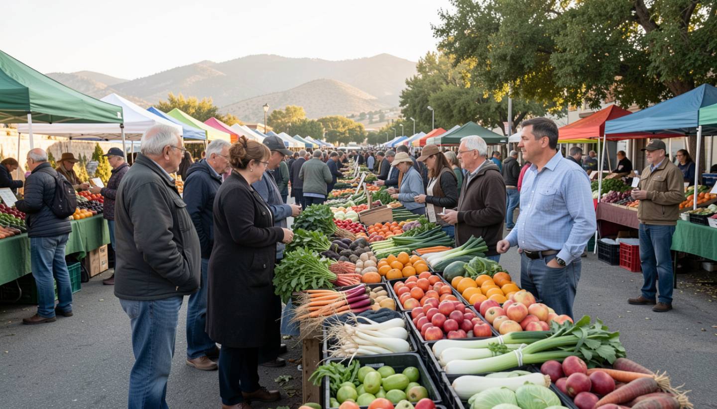 Locals talking at a farmers market in Napa Valley during the early morning, showing everyday community interaction and seasonal produce.