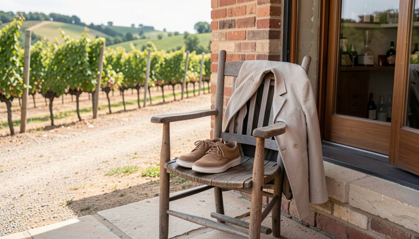 Comfortable shoes and a light jacket at a Napa Valley winery, illustrating minimalist packing for wine tasting and travel.