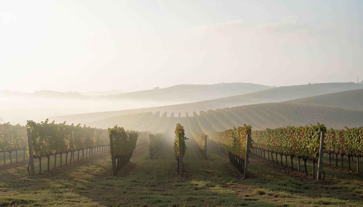 Early morning fog lifting over quiet vineyard rows in Napa Valley, showing a calm, minimalist landscape with no people or buildings, emphasizing space, stillness, and natural light.