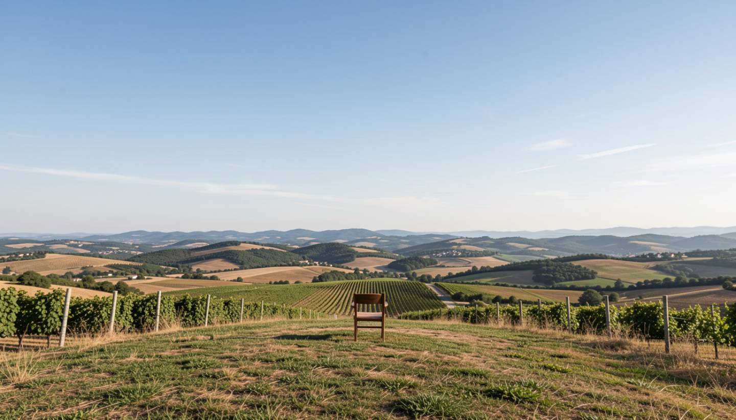 A single empty chair on a quiet patio overlooking Napa Valley vineyards, conveying minimalist travel, solitude, and an unhurried pace in wine country.