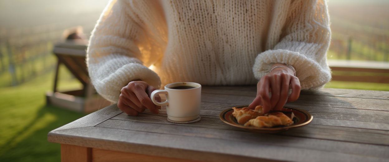  Person holding a cup of coffee while walking through a quiet Napa Valley town in the morning near local shops