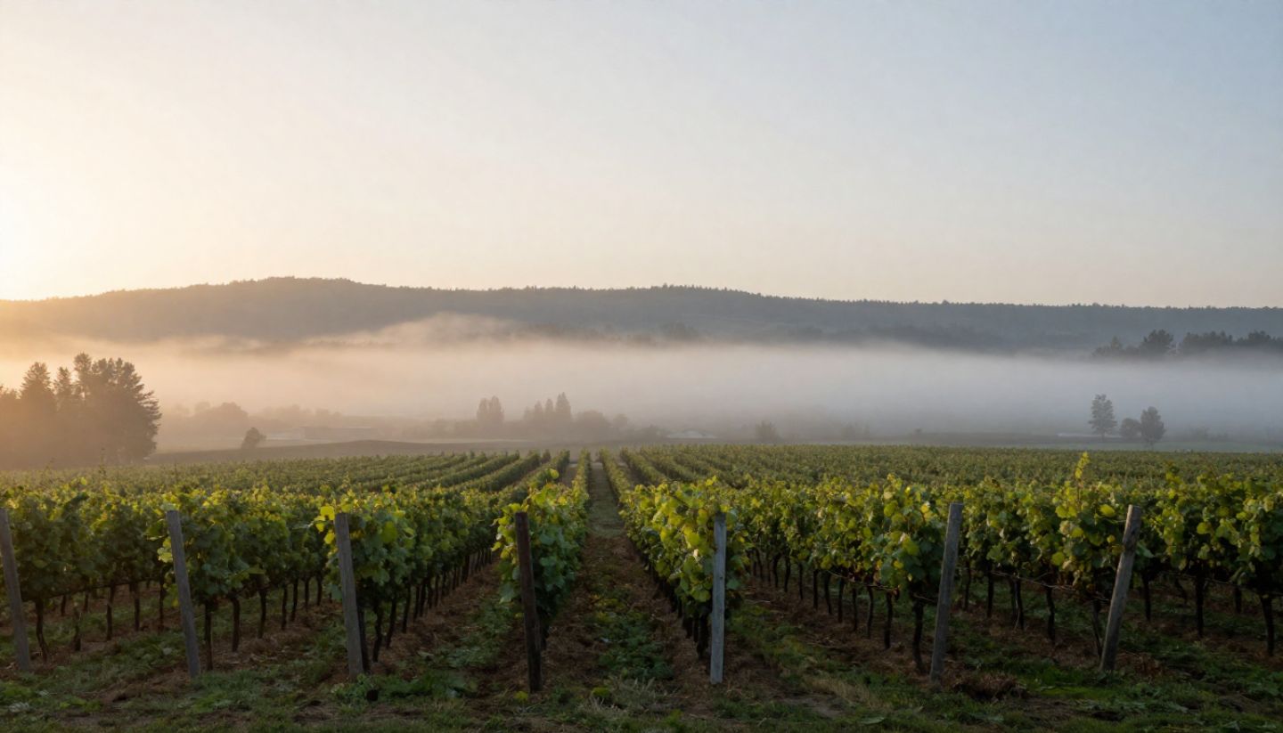 Early morning sunrise over Napa Valley vineyards with fog on the valley floor, creating a quiet and peaceful meditation setting.