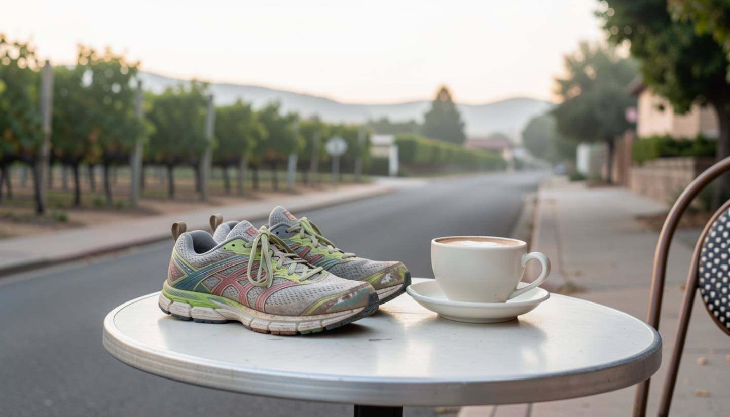 Running shoes and a cup of coffee on an outdoor café table in a quiet Napa Valley town during early morning light, suggesting a relaxed post-run moment.