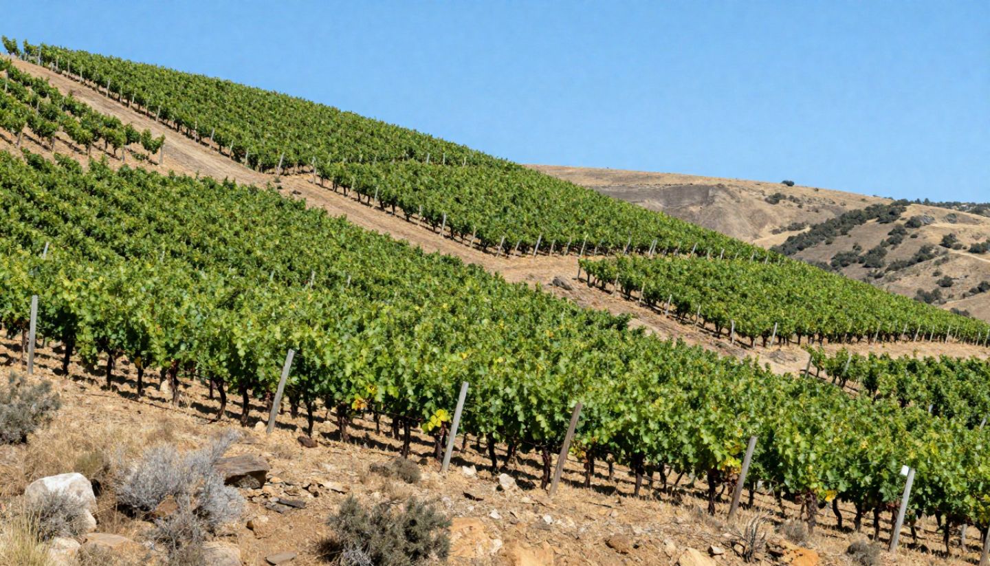 Mountain vineyard in Napa Valley with hillside Cabernet vines, illustrating elevation and structure important to cellar-worthy wines.