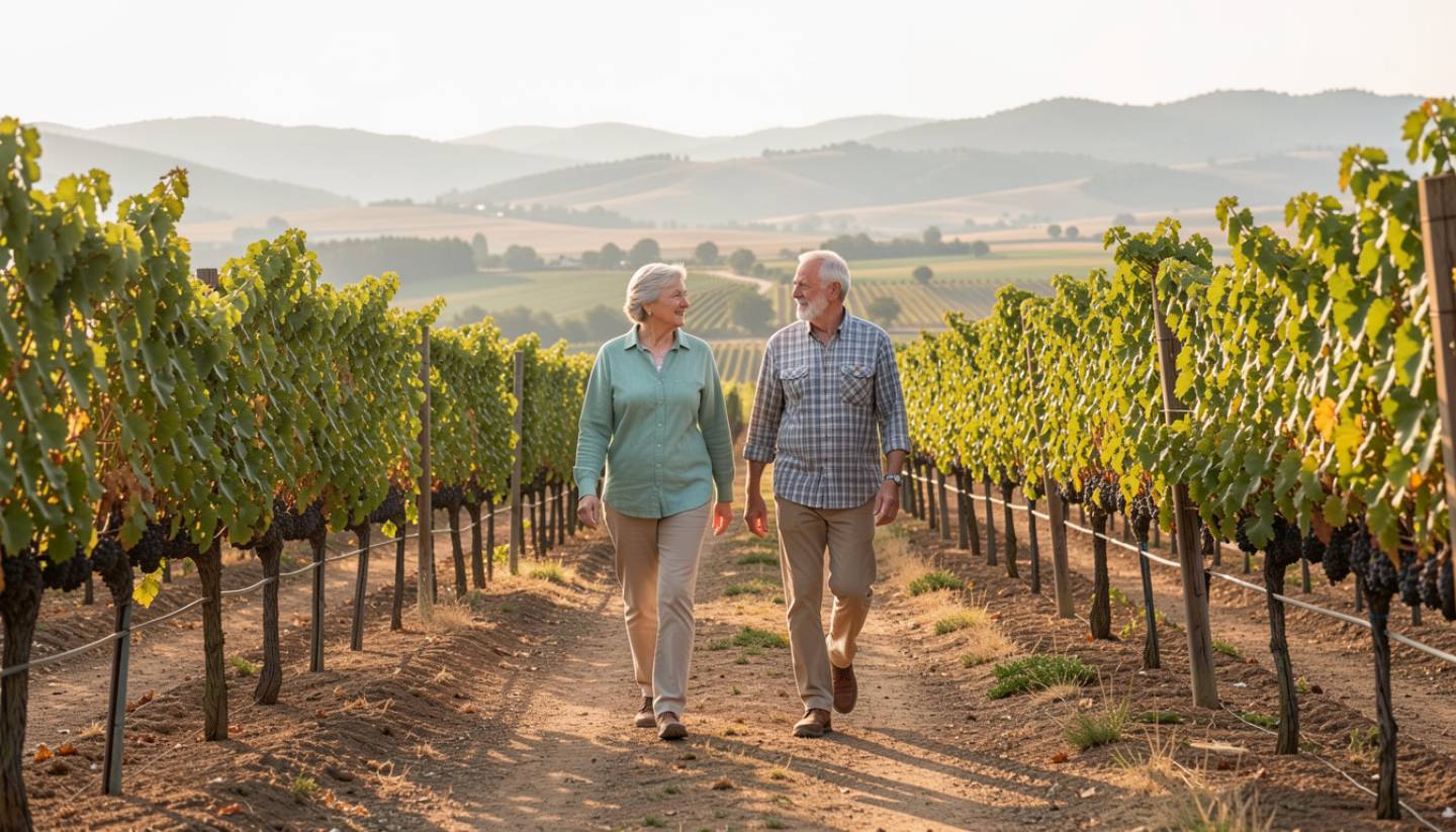 Two generations walking together along a vineyard path in Napa Valley during a calm late morning, showing relaxed multigenerational travel.