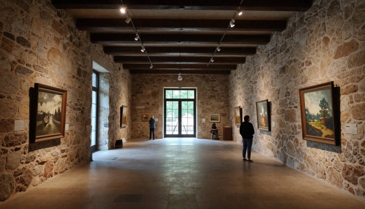 Quiet museum gallery inside a historic stone building in Napa Valley, featuring soft lighting and art displays that reflect the region’s cultural and architectural history.