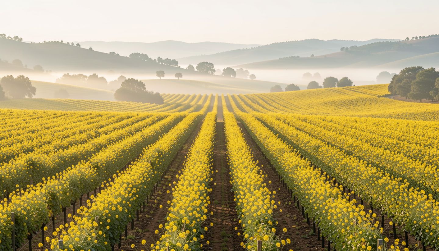Yellow mustard flowers blooming between vineyard rows in Napa Valley during winter, with morning fog lifting over the hills.