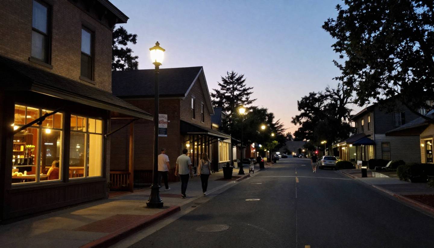 Evening walk along Washington Street in Yountville Napa Valley with softly lit restaurants and a relaxed nighttime atmosphere.