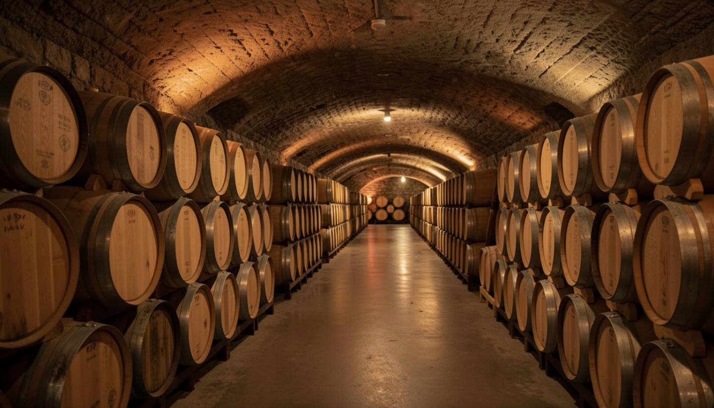 Oak barrels aging Napa Valley wine in a quiet cellar, showing how time and wood shape flavor and texture.