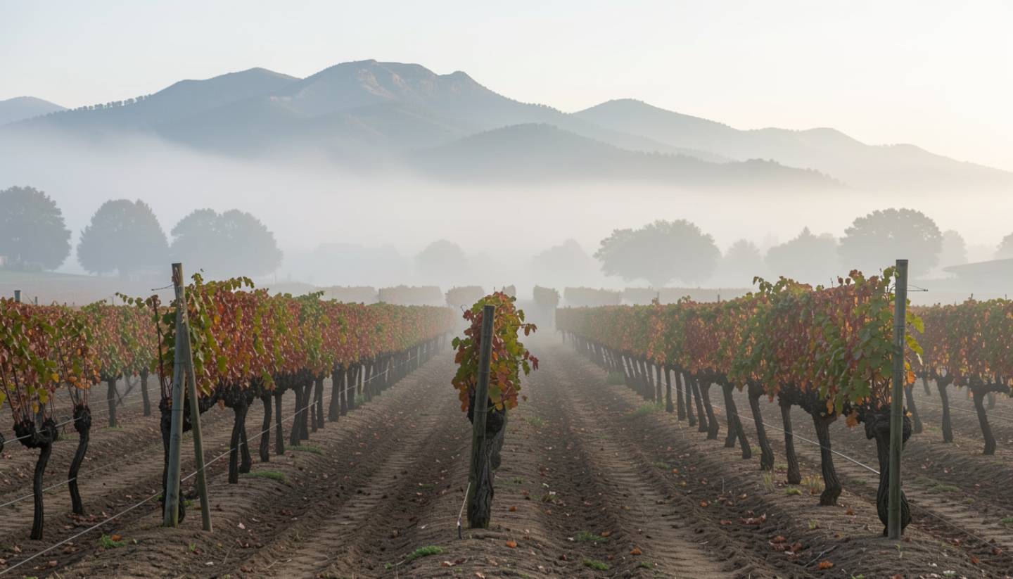 Old vine vineyard in the Rutherford benchlands of Napa Valley with morning fog and uneven rows, highlighting the region’s agricultural wine history.