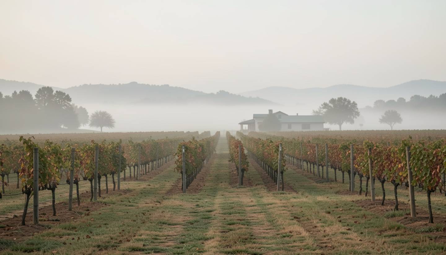 A quiet Napa Valley vineyard in the Rutherford benchlands during early morning light, showing vine rows, soft fog, and a restrained agricultural landscape that reflects Old World wine traditions.