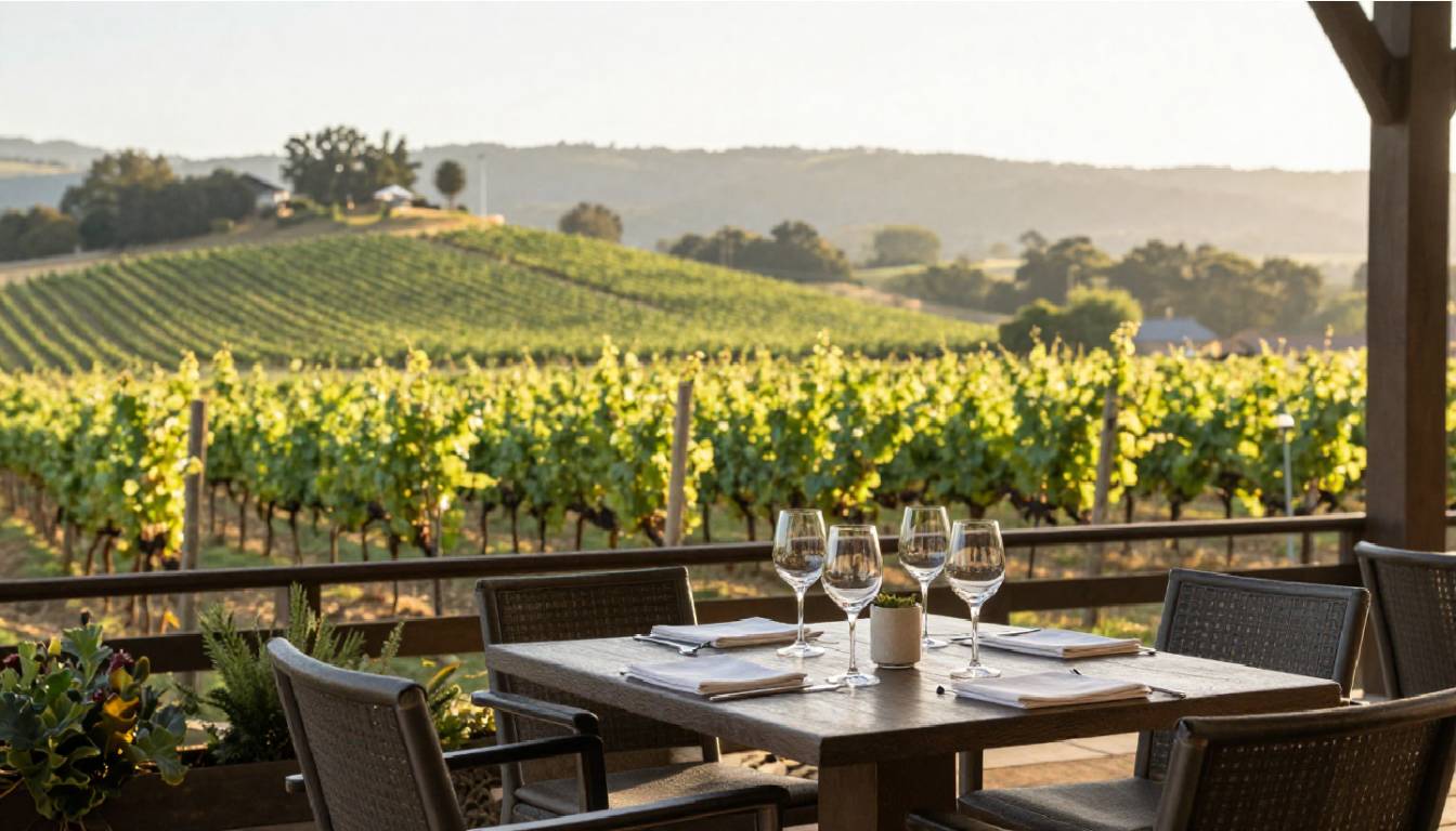 Single winery visit in Napa Valley with a quiet terrace overlooking vineyards and a small tasting setup, highlighting a relaxed one winery per day travel approach.