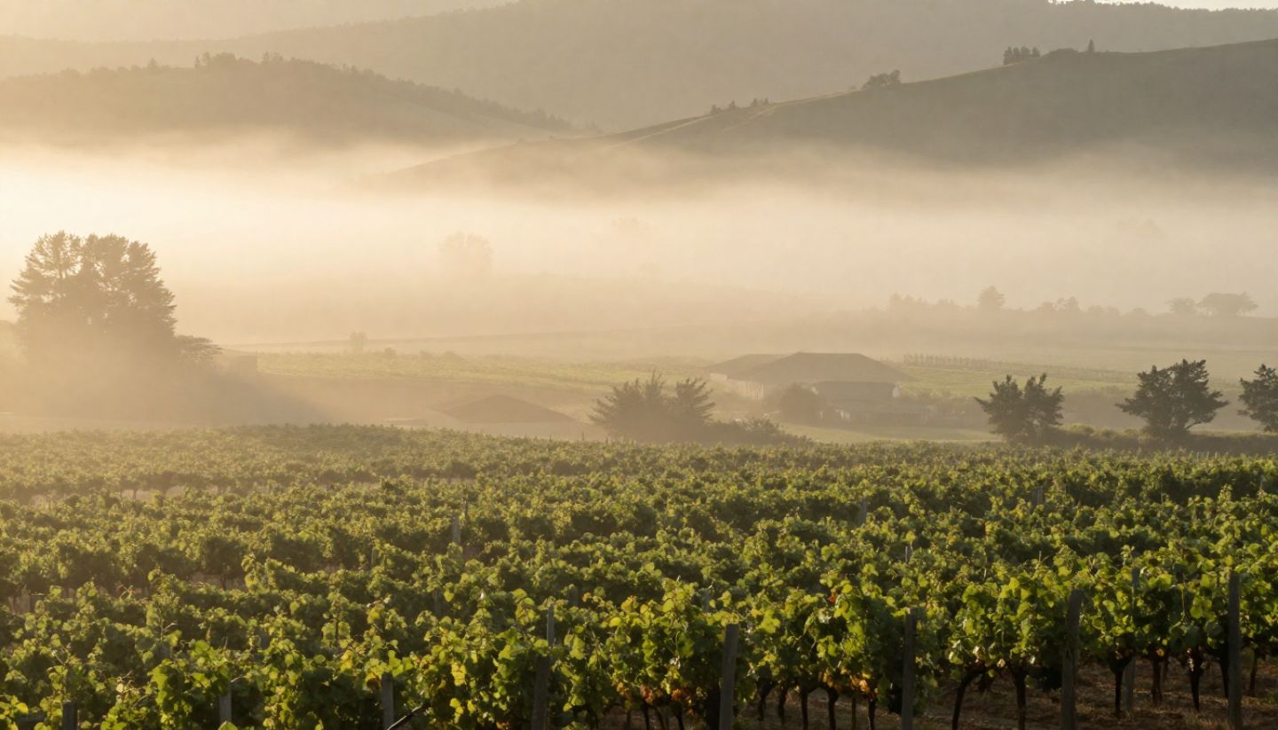 Early morning fog lifting over vineyard rows in Napa Valley, captured at sunrise during a photography-focused travel day.