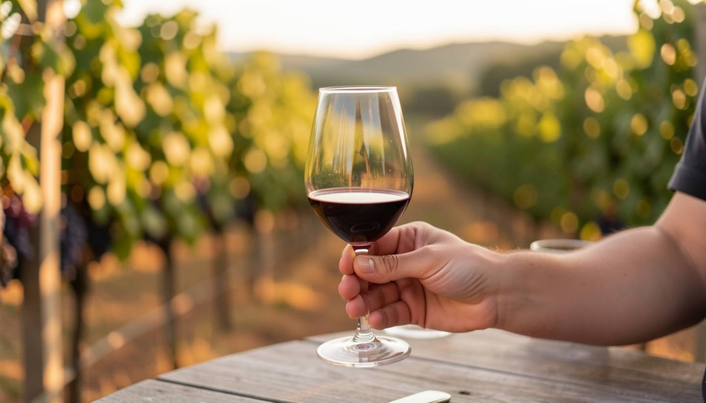 Close up of a hand holding a wine glass at a Napa Valley vineyard, highlighting human scale details in wine country photography.