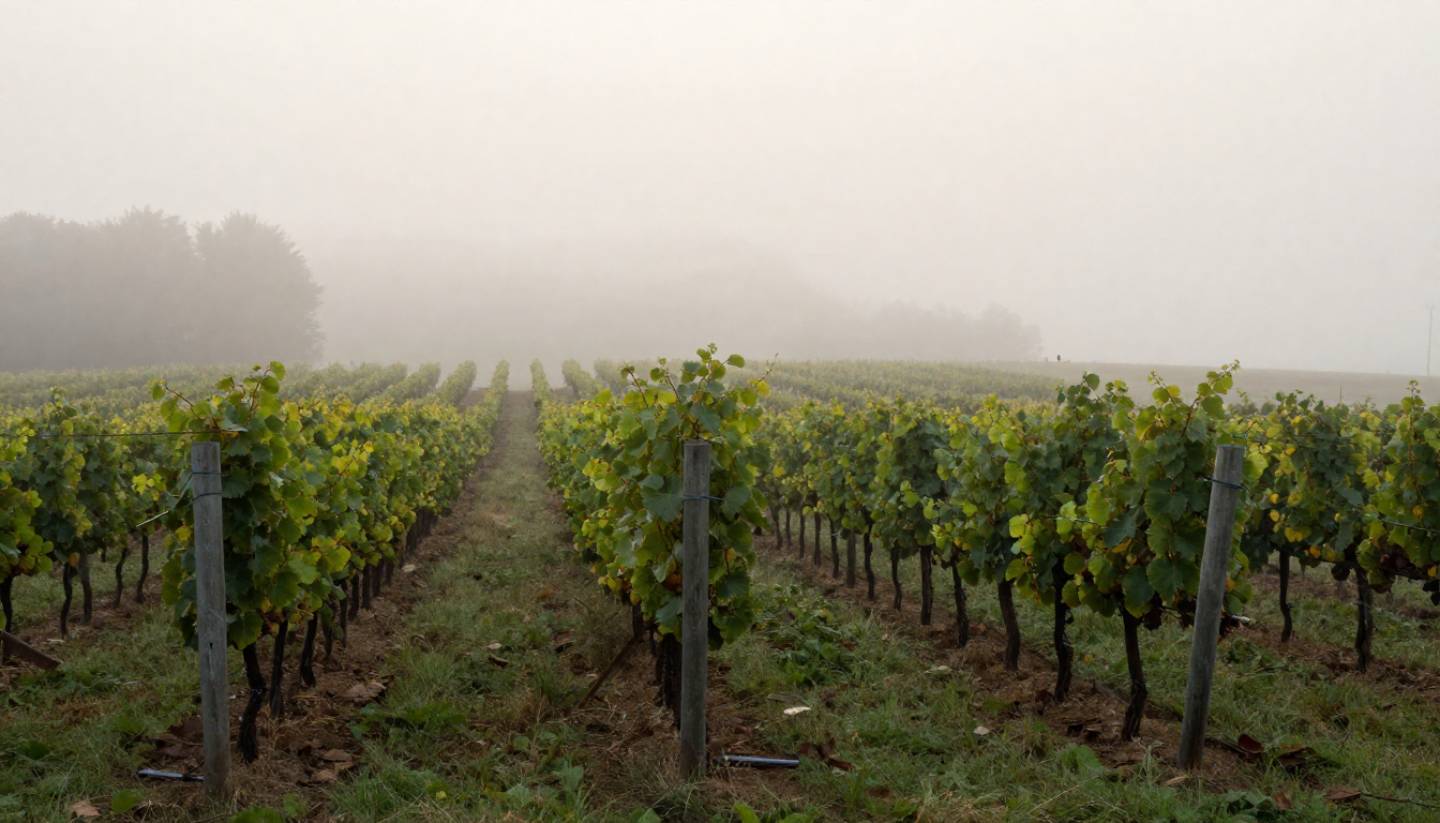 Morning fog drifting through vineyard rows in Napa Valley, creating soft light and depth for landscape photography.
