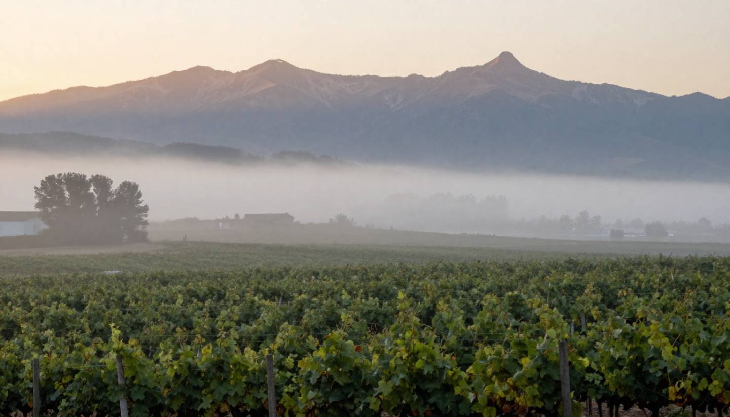 Morning fog lifting over vineyard rows in the Rutherford benchlands of Napa Valley, with soft sunrise light and no crowds visible.
