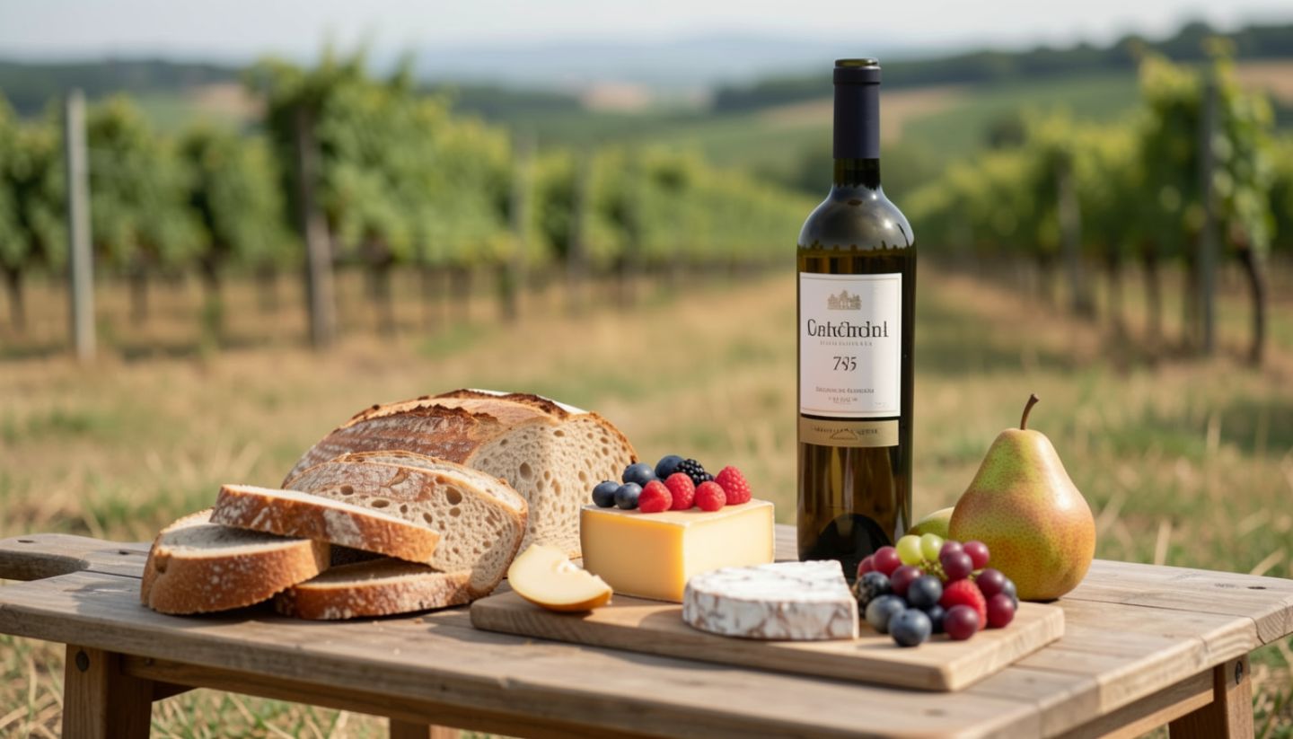 Simple picnic food and wine set against Napa Valley vineyards, representing relaxed outdoor dining during a scenic drive.
