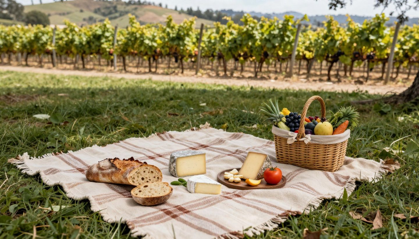 Casual picnic with bread and cheese along the Silverado Trail in Napa Valley, showing a relaxed food-focused travel experience.