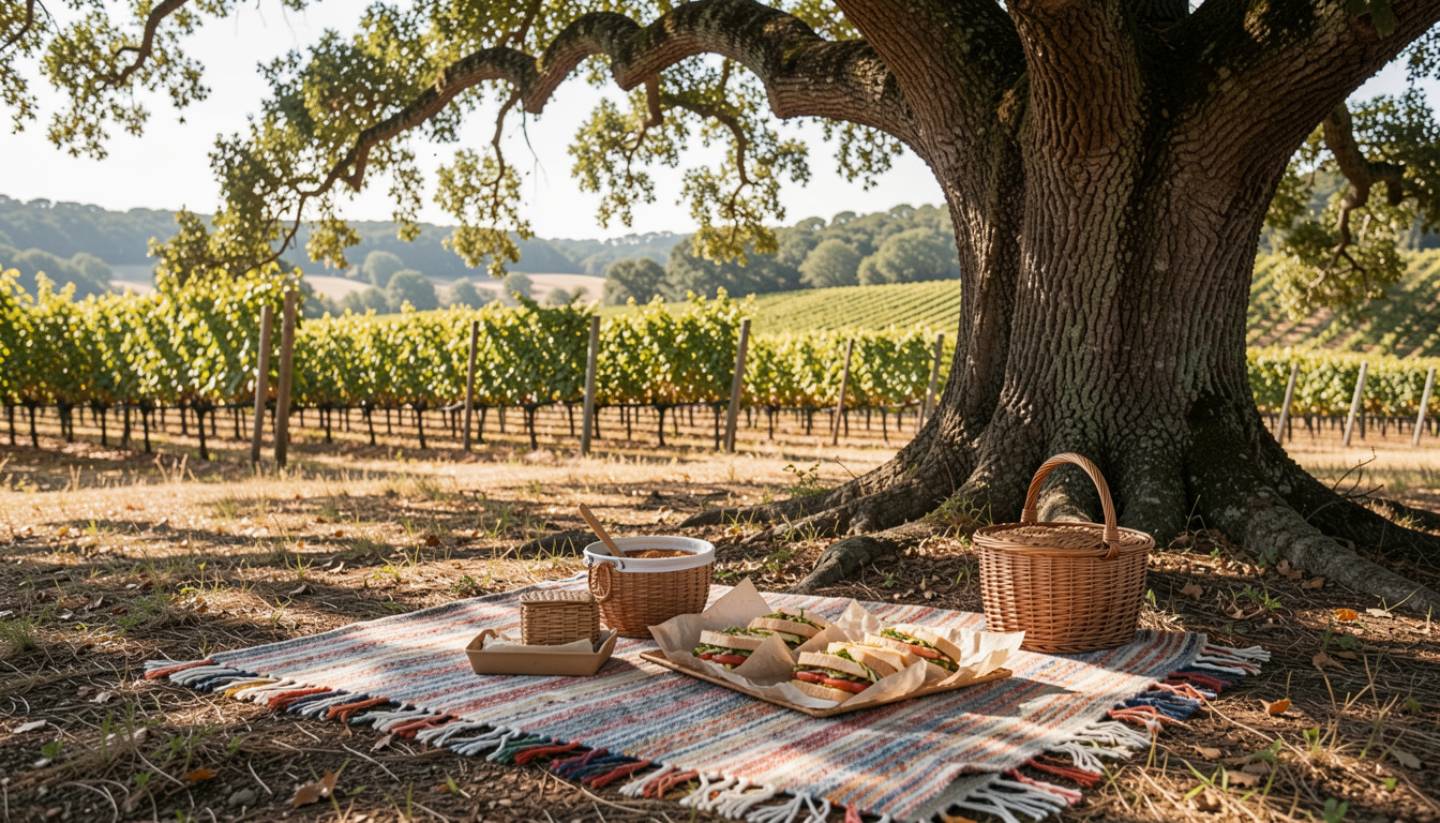Outdoor picnic under a valley oak tree in Napa Valley with sandwiches and vineyard views, illustrating a slow and relaxed way to eat in wine country.