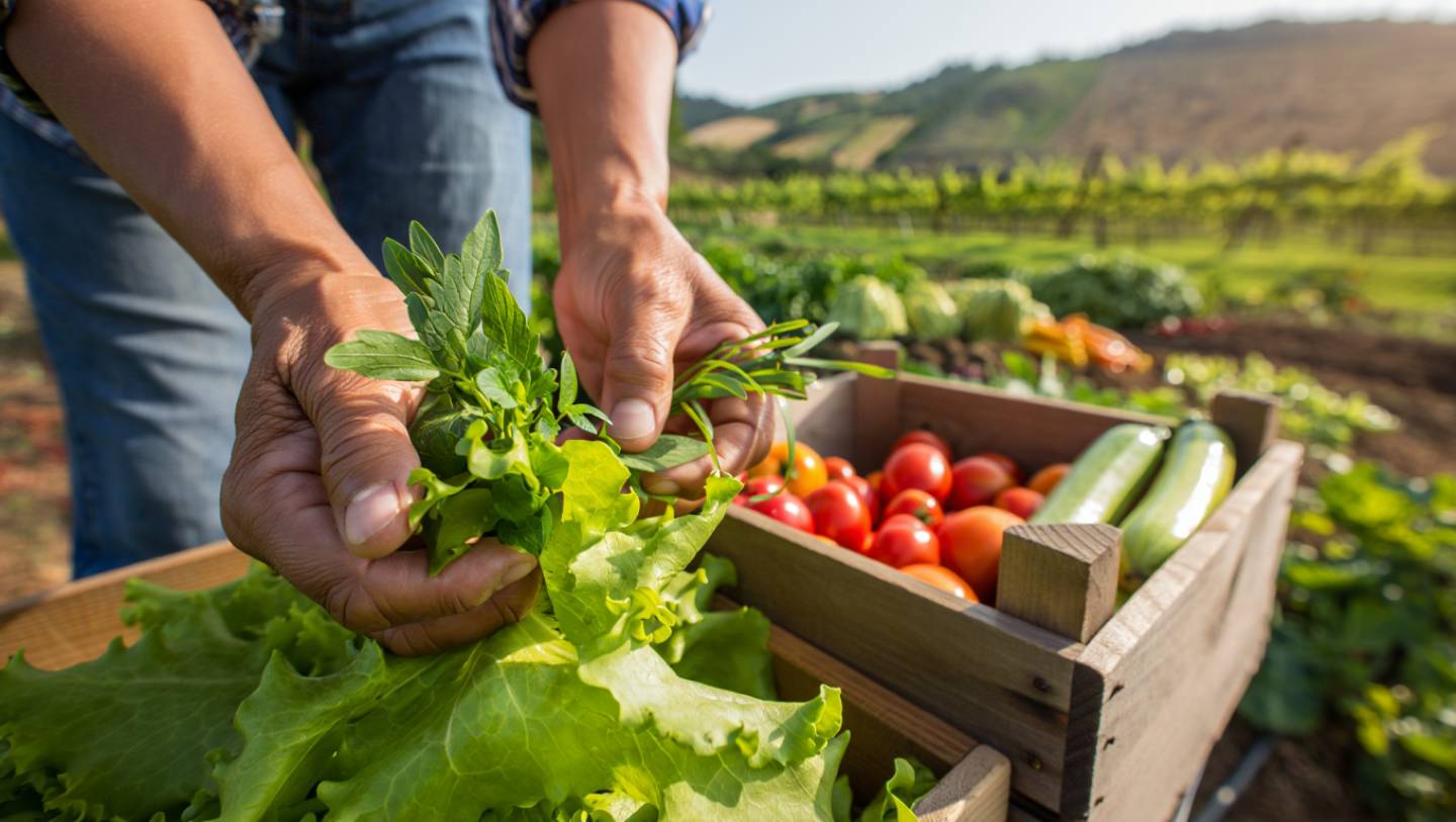 Harvesting seasonal vegetables in a Napa Valley garden with vineyards in the background, highlighting plant based and farm focused travel.