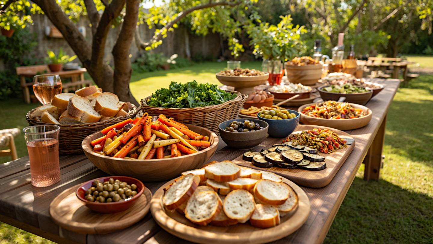 Outdoor long lunch in Napa Valley with shared plant based dishes and vegetables, illustrating a food forward travel experience.