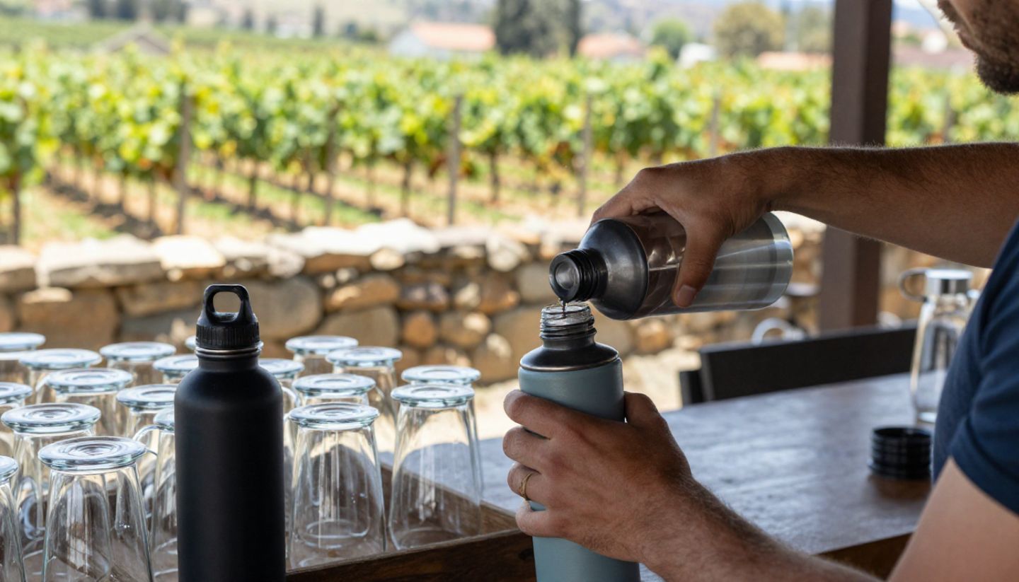 Traveler refilling a reusable water bottle at a Napa Valley winery with vineyards in the background, showing a plastic-free travel practice.
