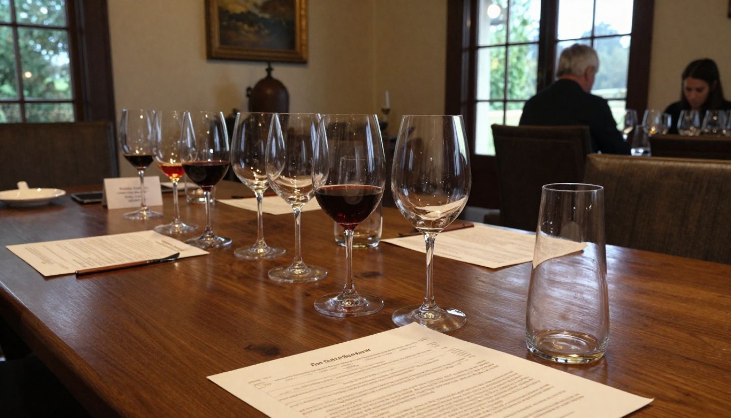 Private seated wine tasting at a Napa Valley winery with tasting notes and limited glasses, reflecting a collector-focused wine experience.