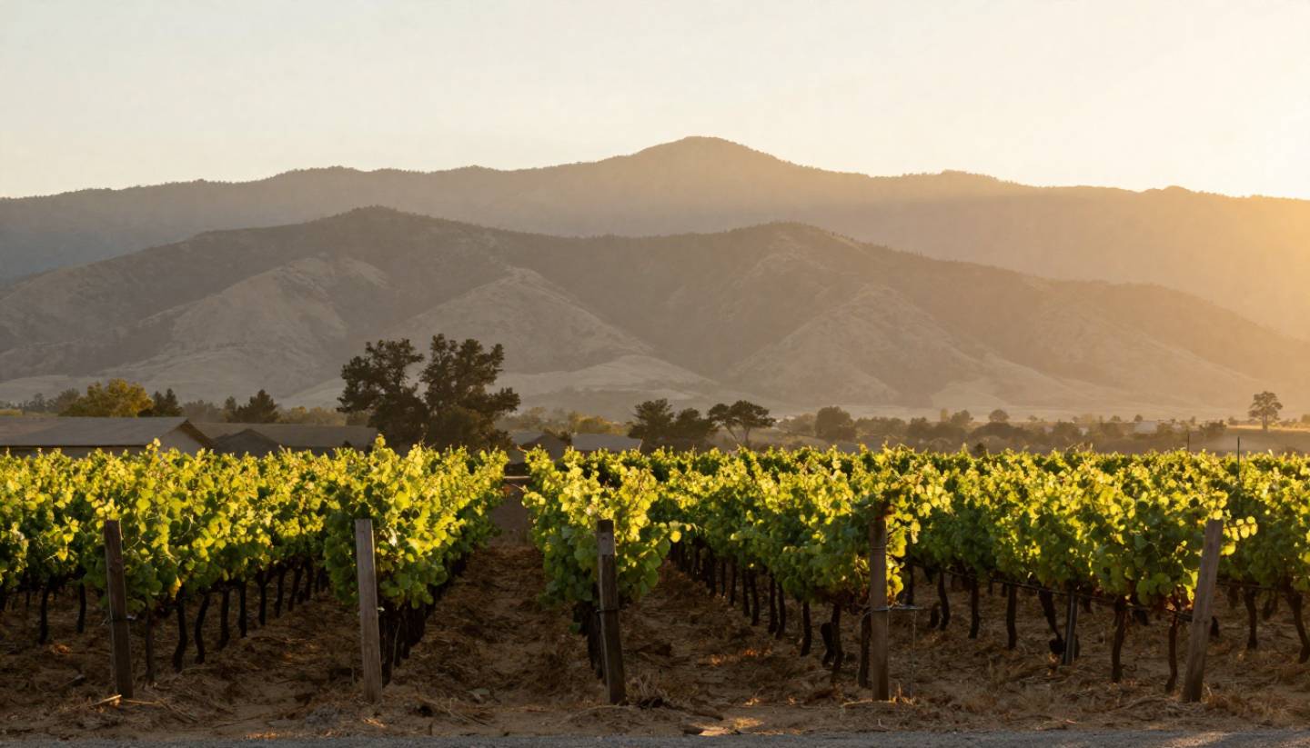 Golden hour light over Napa Valley vineyard rows along Silverado Trail with the Mayacamas Mountains in the background, an intimate and quiet setting ideal for a proposal.