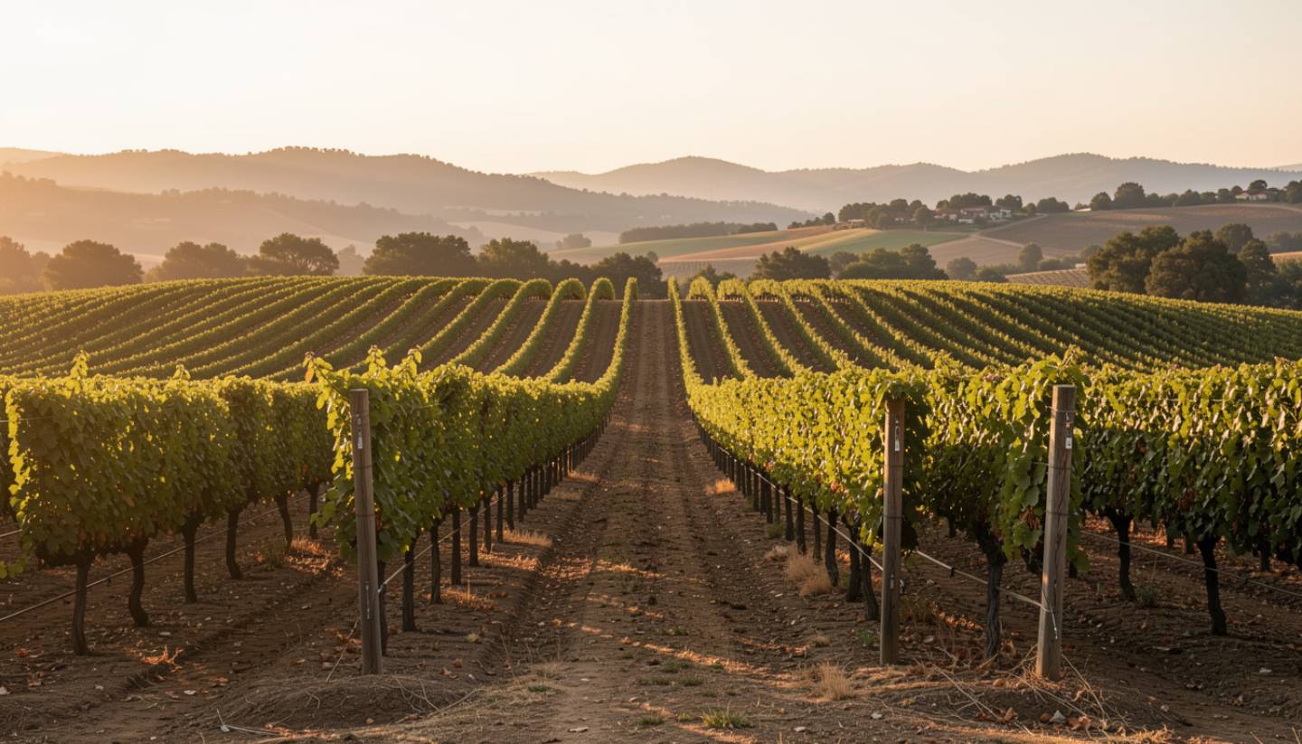 Quiet vineyard overlook in Napa Valley during late afternoon with soft golden light and rolling hills, ideal for a private proposal moment.