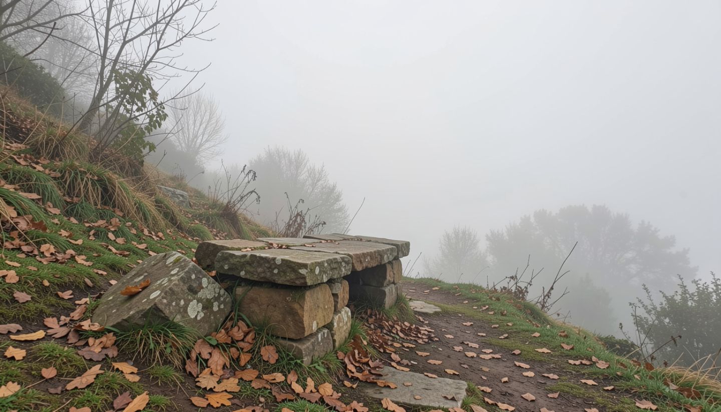 Wooden bench overlooking Napa Valley vineyards in early morning fog, offering a quiet place for reflection and meditation.