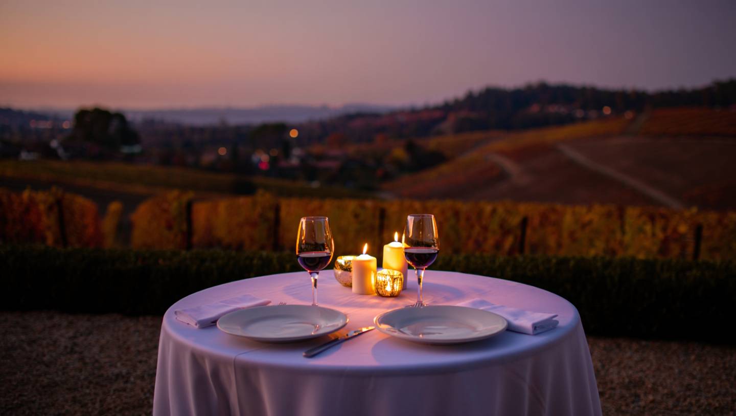 Quiet outdoor dinner for two in Napa Valley at dusk, highlighting understated intimacy and a relaxed couples travel experience.