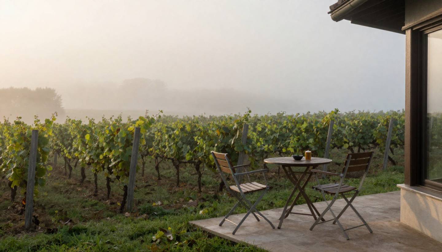 Early morning fog over Napa Valley vineyards with a quiet terrace overlooking the vines, creating a peaceful setting for a romantic honeymoon.