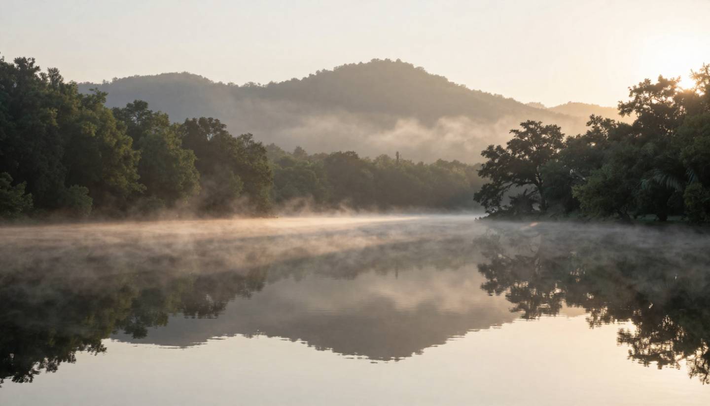 Early morning fog lifting over a quiet Napa Valley reservoir, with oak trees and hills reflected clearly in still water.