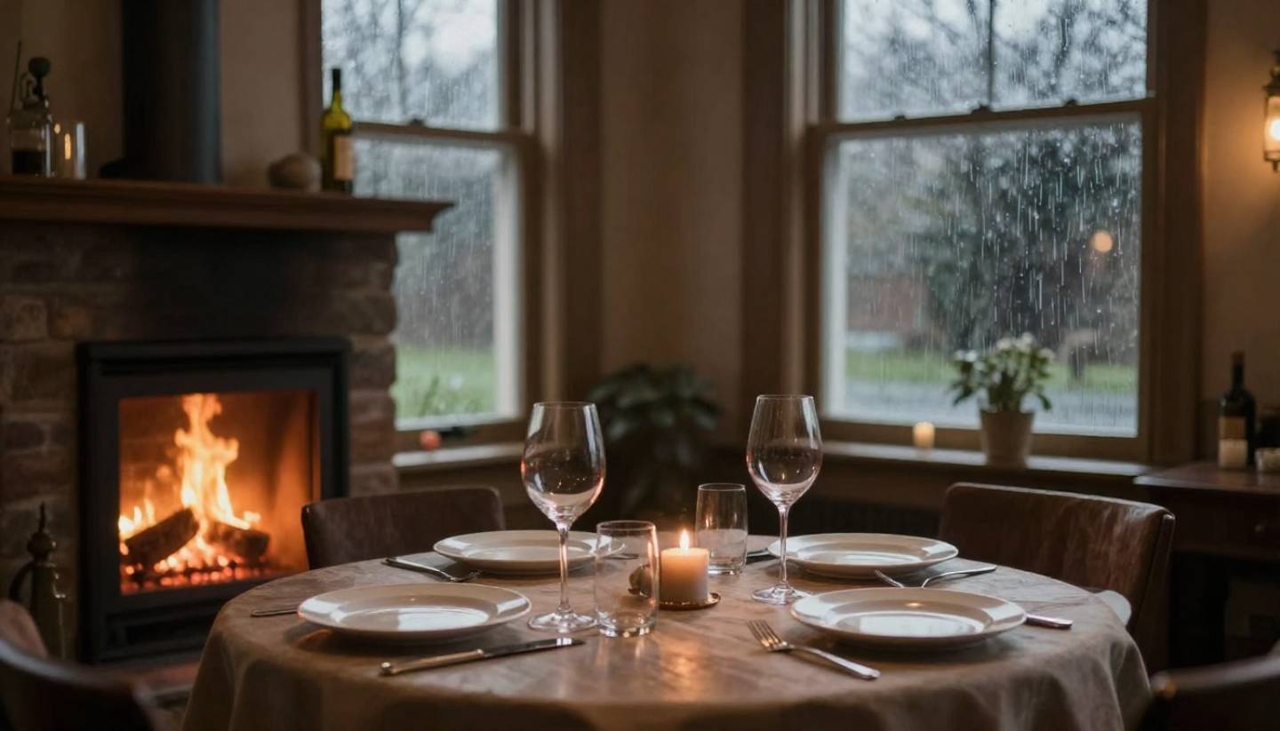Cozy Napa Valley dining room with wine and food beside a fireplace on a rainy day, representing relaxed indoor travel experiences.